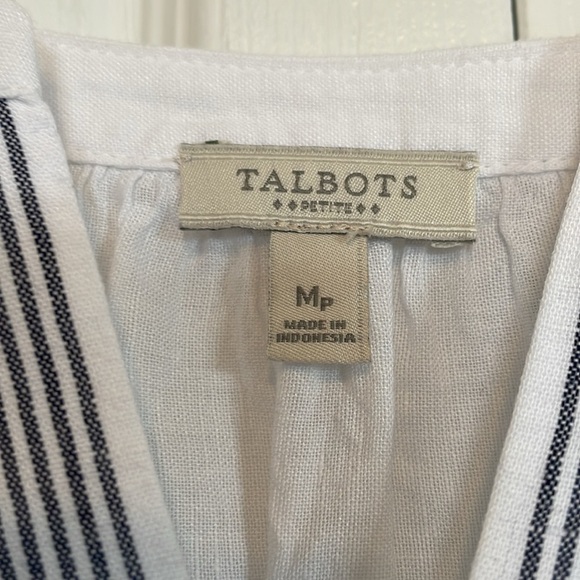 Women’s Talbots Sz MP cap sleeve linen tunic nautical white blue striped v neck - Picture 3 of 10